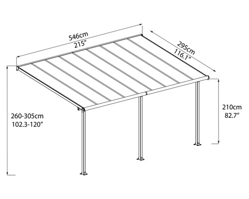 Dessin technique d''un toit de terrasse avec indication de la largeur, de la hauteur et de la profondeur.