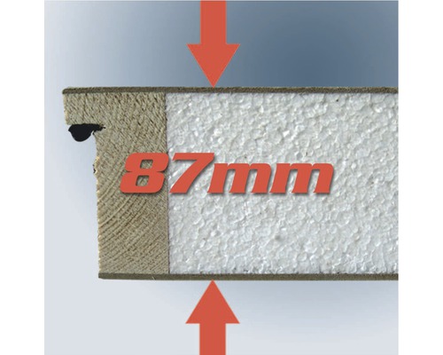 Panneau isolant en coupe transversale avec indication de 87 mm d''épaisseur