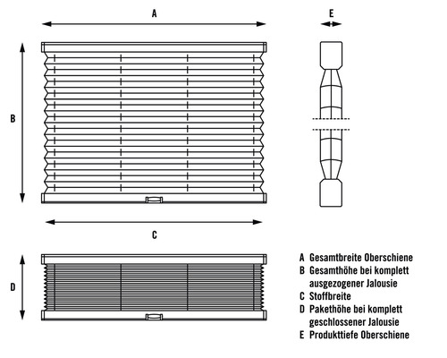 Diagramm mit Maßen für eine Jalousie mit Angaben zur Breite, Höhe und Tiefe