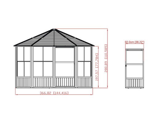 Dimensions du pavillon représentées sous forme de dessin technique.