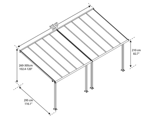 Abmessungen einer Terrassenüberdachung mit einer Länge von 619 cm, einer Breite von 295 cm und einer Höhe von 210 cm