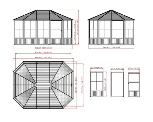 Technische Zeichnung eines Pavillons mit Maßangaben.