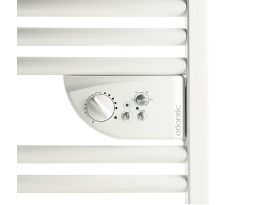 Vue détaillée d''un sèche-serviettes avec éléments de commande et logo Atlantic