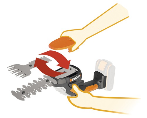 Illustration einer akkubetriebenen Grasschere mit auswechselbaren Messern