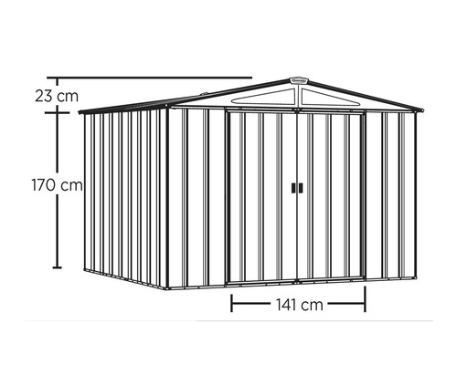 Abmessungen eines Gerätehauses: 141 cm breit, 170 cm hoch und 23 cm Dachhöhe.