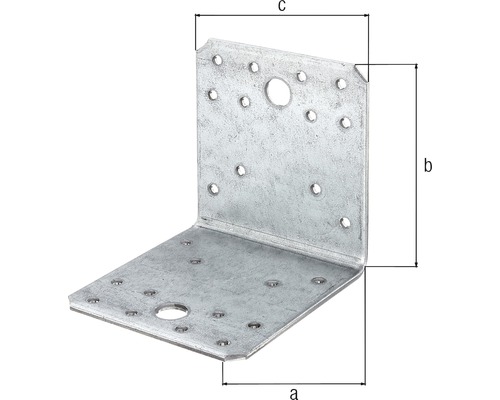 Connecteur d''angle en métal avec perçages et dimensions a, b et c.