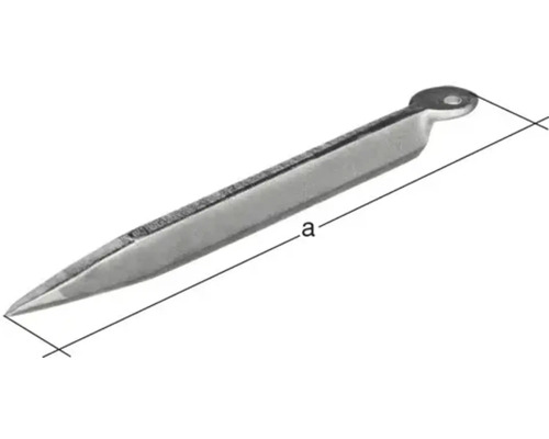 Hering aus Metall mit Öse und Längenangabe