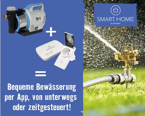 Abbildung eines Gartenbewässerungssystems mit Pumpe, Smart Home Steuerung und Rasensprenger für komfortable Bewässerung
