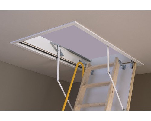 Escalier de grenier escamotable en bois avec trappe blanche