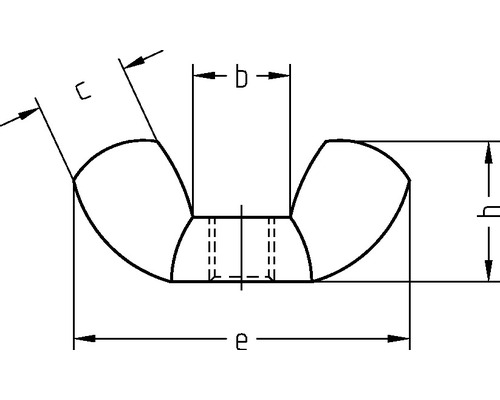 Technische Zeichnung einer Flügelmutter mit Maßangaben