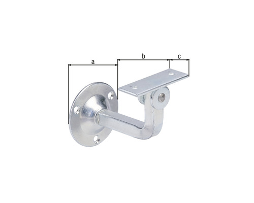 Geländerhalterung aus Metall mit runder Montageplatte und Massangaben