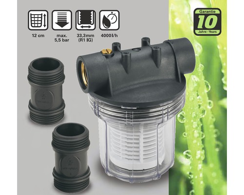 Filtre de pompe domestique d''une taille de 12 cm, max. 5,5 bar, 33,3 mm (R1 IG) et 4000 l/h avec une garantie de 10 ans.