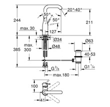 Masse des Waschbecken Wasserhahns