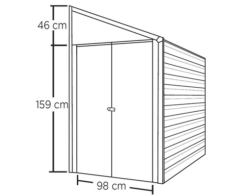 Illustration d''un abri de jardin avec les dimensions suivantes : hauteur 159 cm, hauteur du toit 46 cm, largeur 98 cm.