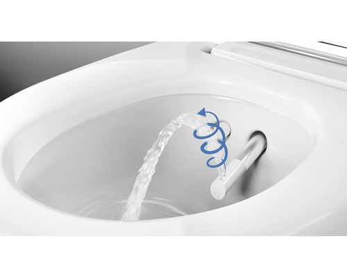 Gros plan de toilettes avec fonction bidet, où un jet d''eau sort d''une buse