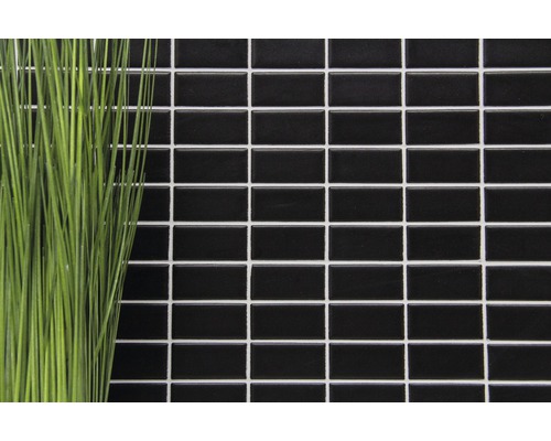 Rechteckige, glänzende Mosaikfliesen an einer Wand mit Dekoration