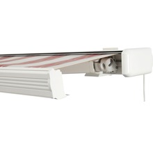 SOLUNA Kassettenmarkise Exquisit 5,5x3,5 Stoff Dessin 8783 Gestell RAL 9010 reinweiss Antrieb rechts inkl. Motor und Wandschalter