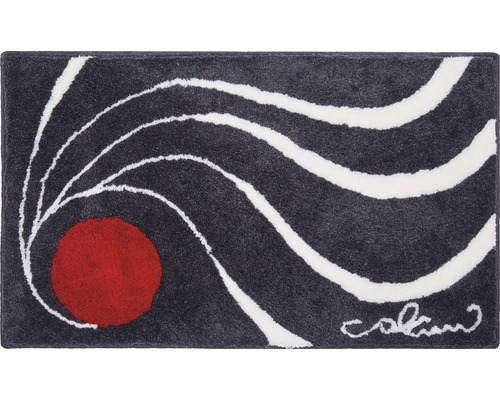Tapis de bain gris avec motif à rayures blanches et point rouge