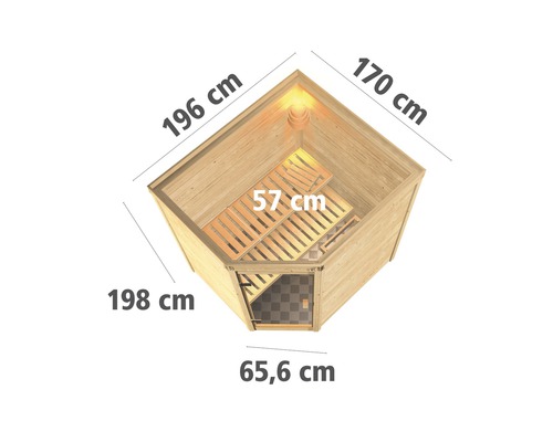 Draufsicht einer Holzsauna mit Massangaben