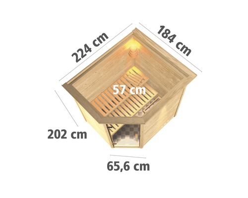 Dimensions d''un sauna d''angle : 224 cm x 184 cm, hauteur 202 cm, encombrement au sol 65,6 cm, assise 57 cm.