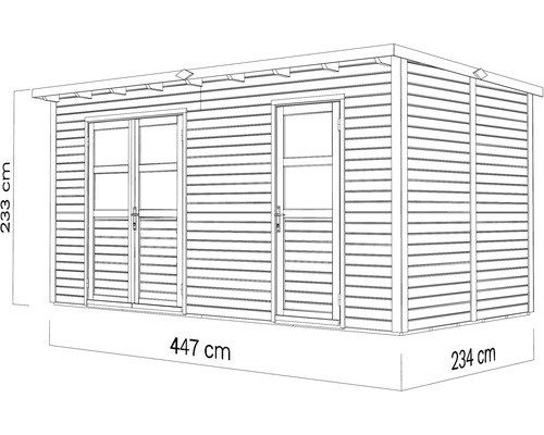 Abri de jardin avec porte double et porte simple, dimensions 447 cm x 234 cm x 233 cm