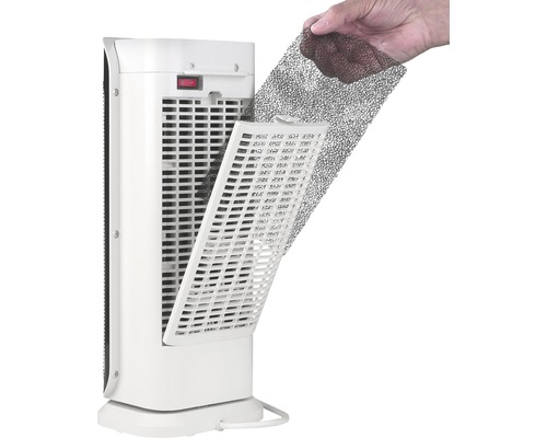 Un radiateur soufflant avec un filtre retiré est présenté.