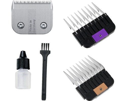 Schermesser, zwei Aufsteckkämme, Reinigungsbürste und Ölflasche für Haarschneidemaschinen