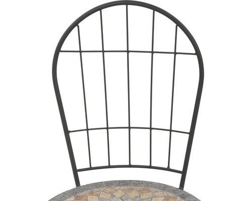 Vue détaillée d''une table de jardin avec plateau en mosaïque et structure métallique