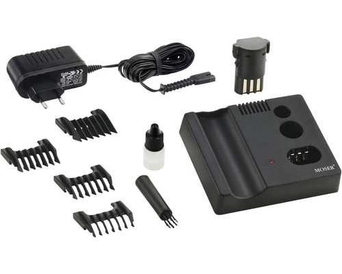 Accessoires pour tondeuses à cheveux : bloc d’alimentation, câble de charge, batterie, quatre embouts, flacon d’huile et brosse de nettoyage