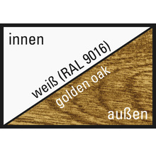 Innenbereich weiße Farbe RAL 9016 und Außenbereich goldene Eiche