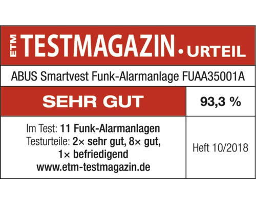 Testmagazin Urteil für die ABUS Smartvest Funk-Alarmanlage FUAA35001A mit dem Ergebnis sehr gut und 93,3 Prozent.