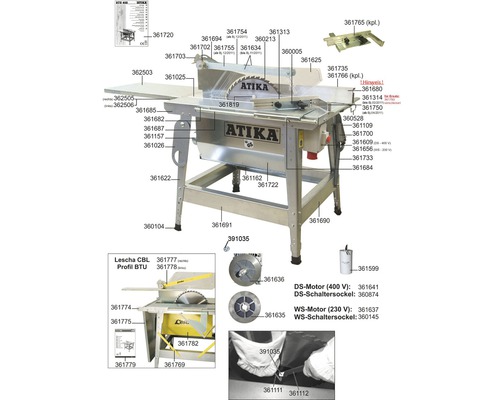 Schéma explosé d''une scie circulaire de table Atika avec vues détaillées et numéros de pièces de rechange