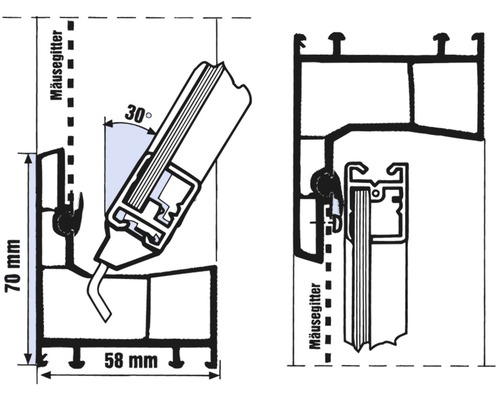 Technische Zeichnung eines Fensterprofils mit Maßen und Details zur Montage.