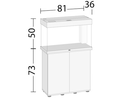 Aquariumkombination mit den Maßen: 81 Zentimeter Breite, 36 Zentimeter Tiefe, 50 Zentimeter Höhe Aquarium, 73 Zentimeter Höhe Unterschrank.