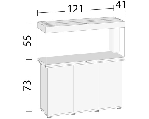 Aquarium avec meuble et indications de taille : 121 cm de longueur, 41 cm de largeur, 55 cm de hauteur aquarium, 73 cm de hauteur meuble