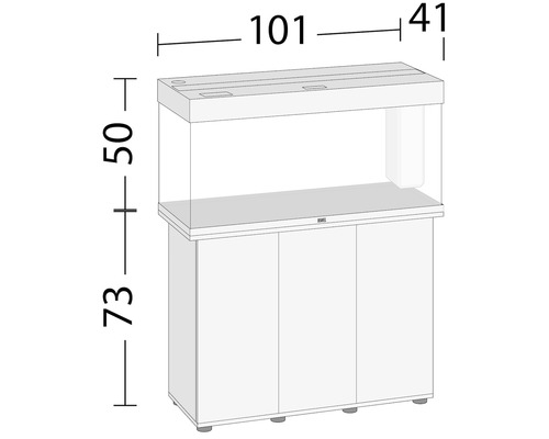Image d''un aquarium avec meuble bas et indications de dimensions