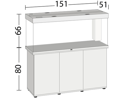 Aquarium mit Unterschrank und Maßangaben