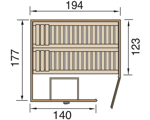 Technische Zeichnung einer Sauna mit Maßangaben