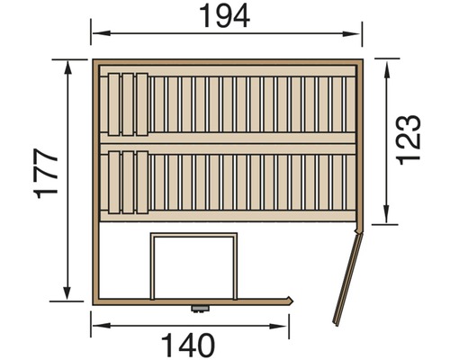 Technische Zeichnung einer Sauna mit Maßangaben