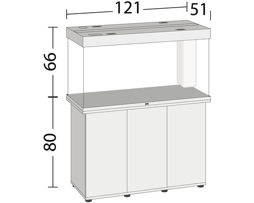 Combinaison d''aquarium mesurant 121 x 51 x 66 centimètres sur un meuble bas d''une hauteur de 80 centimètres.