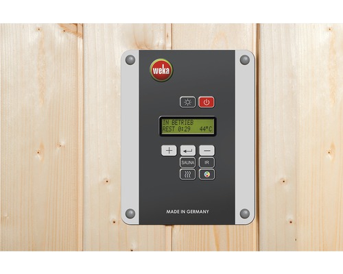 Logo Weka sur commande de sauna avec écran et boutons