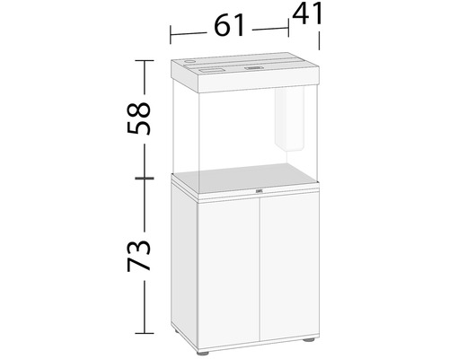 Schéma d''un aquarium avec meuble bas et indications de mesure