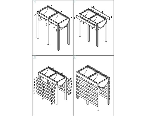 Illustration du montage d''un potager surélevé en quatre étapes.