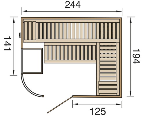 Grundriss einer Sauna mit Maßangaben