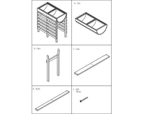 Illustration des pièces détachées pour un jardin d''herbes aromatiques sur pieds avec deux bacs à plantes.
