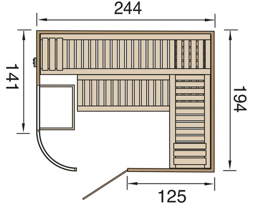 Grundriss einer Sauna mit Maßangaben
