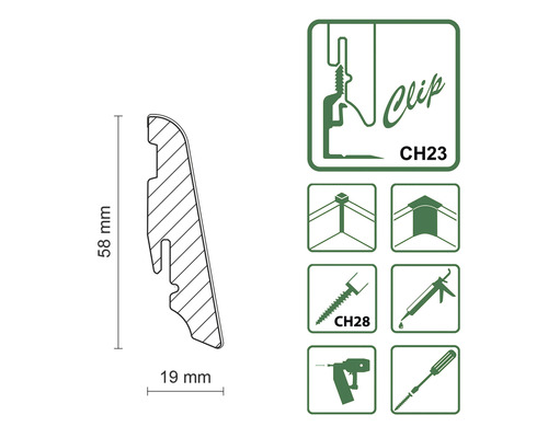 Technische Zeichnung eines Fussleistenprofils mit den Massen 58 mm Höhe und 19 mm Breite, sowie Symbolen zur Befestigung.