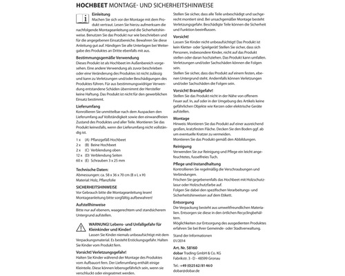 Montage- und Sicherheitshinweise für ein Hochbeet aus Holz und Pflanzfolie.