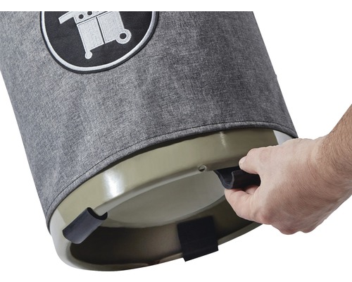 Vue détaillée d''une poubelle avec un symbole de chariot de barbecue et une main touchant une poignée