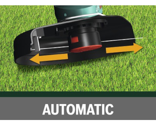 Gros plan d''un coupe-bordure avec fonction automatique lors de la tonte de l''herbe